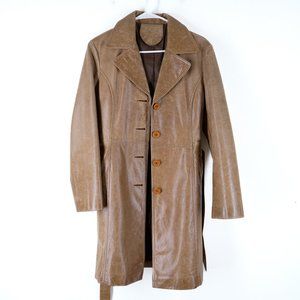 VINTAGE Womens Brown 100% Leather Trench Coat Button Front Belted 1970s Brown